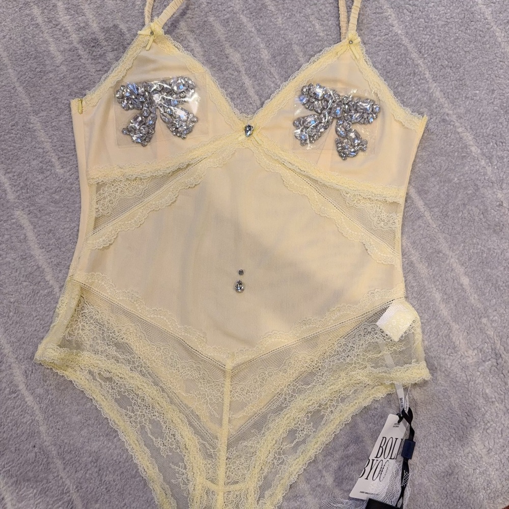 Brand new! Yellow Lace Bodysuit with  rhinestone Bows